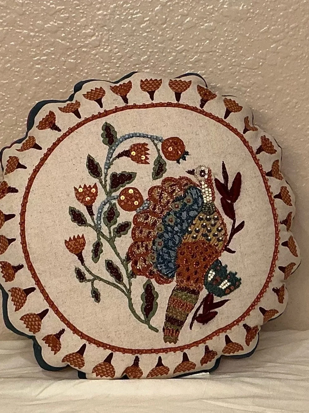 Round Beaded Turkey Accent Pillow in Cream and Rust